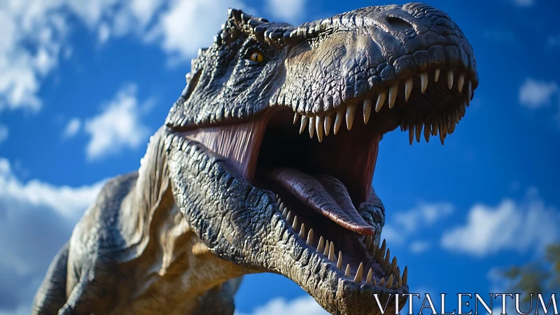 Ferocious T. rex close-up under bright blue sky.