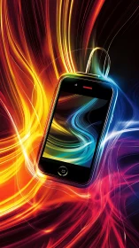 Neon soundwaves swirl around a glowing digital smartphone portal.