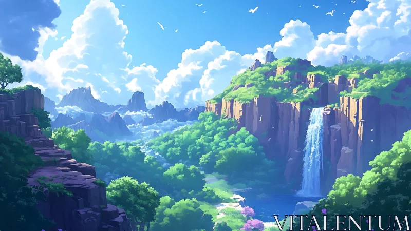 Lush valley cliffs with cascading waterfall under bright sky.