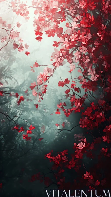 Red blossoms against misty teal forest background scene.