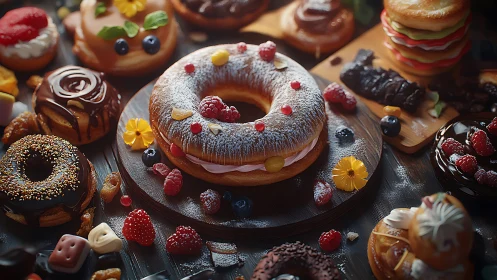 Ring pastry with assorted donuts and fruit on dark surface.