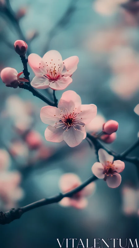 Pink blossoms on dark branch with soft background blur