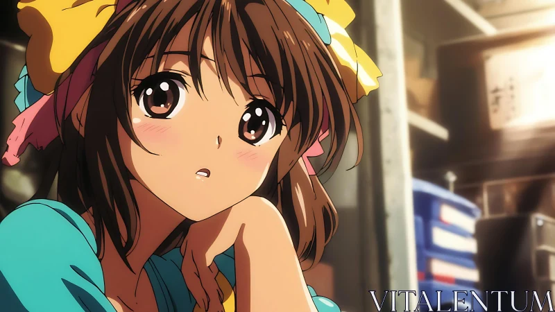 Thoughtful anime girl resting in warm studio light.