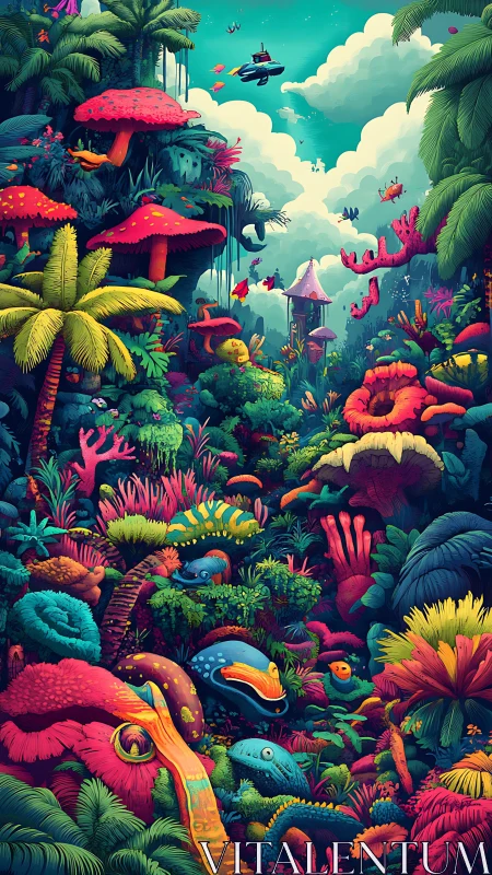 Neon jungle teems with alien flora and hidden creatures.