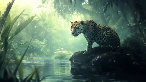 Leopard poised on river rock under diffused jungle backlight
