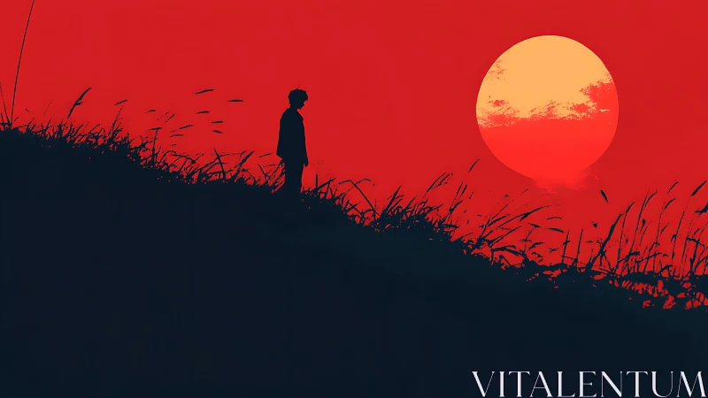 Solitary dreamer gazes toward a bold, blazing red sunset