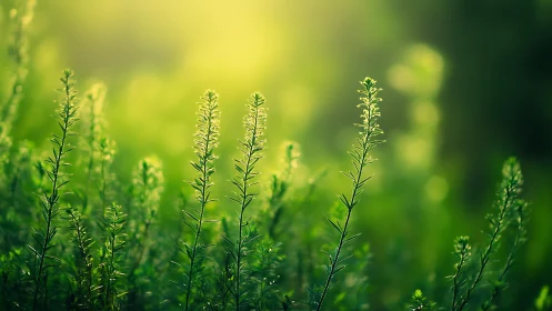 Backlit green foliage with shallow depth of field at sunrise