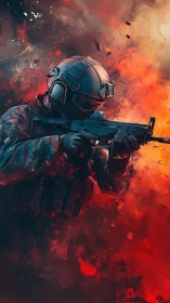 Armored midnight trooper carving focus through firestorm.