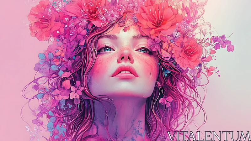 Hyperreal floral portrait of woman with pink botanical crown