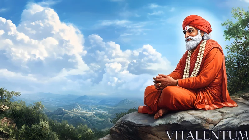Elderly figure in orange robes sits cross-legged on rock ledge