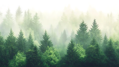 Lush Evergreen Forest in Morning Mist with Soft Dreamy Light.