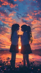 Sunset anime girls mirrored beside glowing lakeshore horizon.