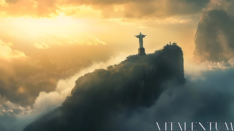 Atmospheric aerial study of monument on cloud-laced peak.