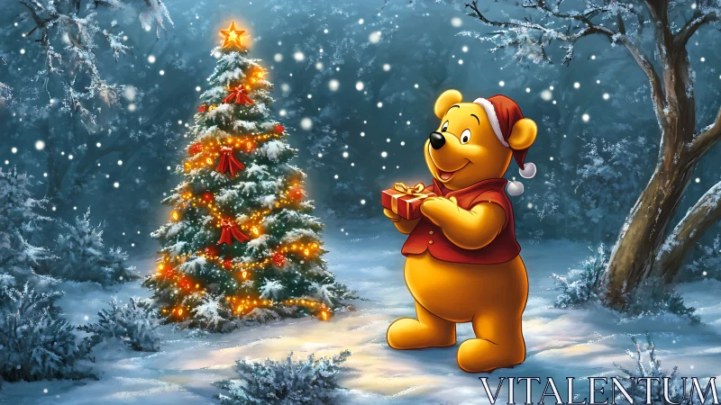 Snow-covered fir tree and cartoon bear in illuminated winter clearing