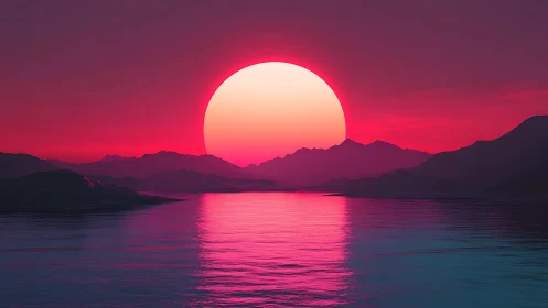 Neon sun sinks behind coastal mountains over mirrored sea.