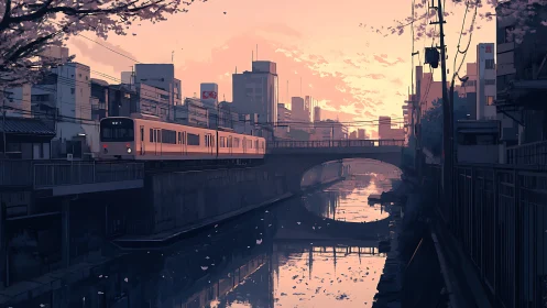 Urban commuter train passes canal under diffuse sunset light