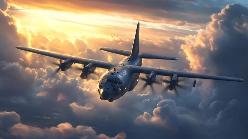 Military transport aircraft cuts through sunset cumulonimbus sky