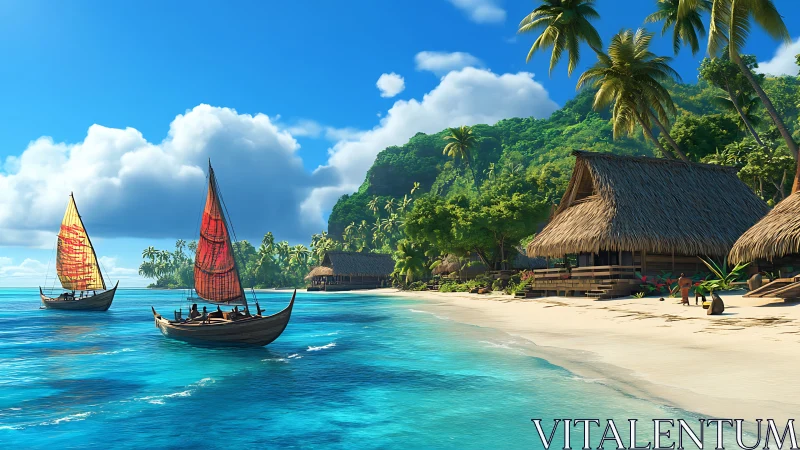 Tropical Lagoon Settlement: Thatched Architecture with Traditional Sailing Vessels