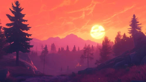 Glowing forest sunset painting with dreamy mountain view.