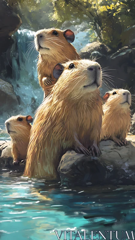 Capybara creek council studies the sparkle of falling water