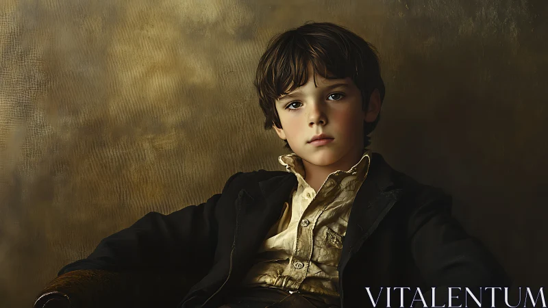 Young Boy in Black Suit Against Burnished Gold Backdrop.