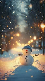 Snowman stands on a winter path under distant streetlights