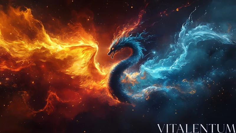 Elemental dragon forms blazing fire and icy nebula arc