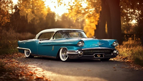 Turquoise vintage coupe parked on forest road in autumn.