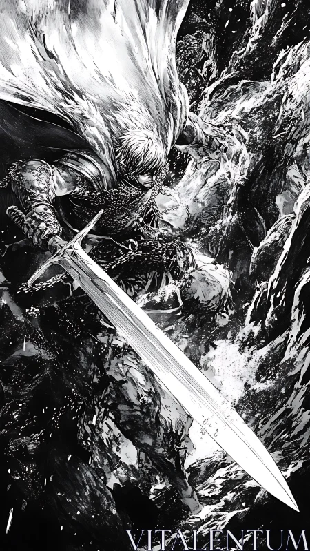 Storm-forged swordsman cleaves through roaring ink-black void.