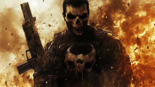 Armored skull-masked soldier stands amid high-intensity explosion