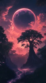 Celestial-lit alien forest with towering tree silhouette and red nebula