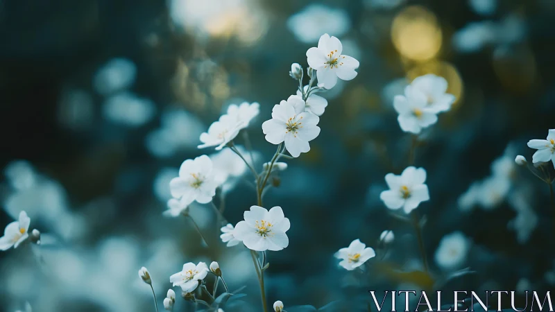 White flowers bloom in soft focus garden setting.