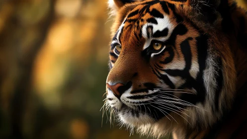 Close profile view of tiger head with blurred forest background.