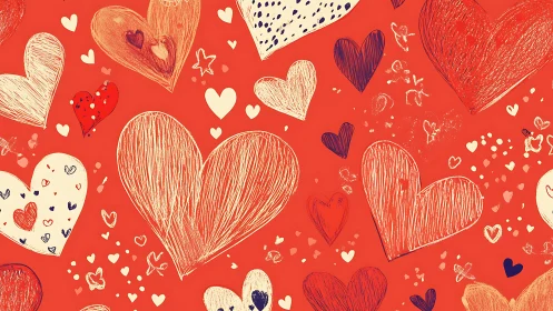 Hand-Drawn Heart Composition with Textured Brush Strokes on Vibrant Red Background