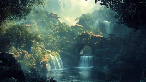 Misty waterfall temple valley invites quiet, dreamlike wonder
