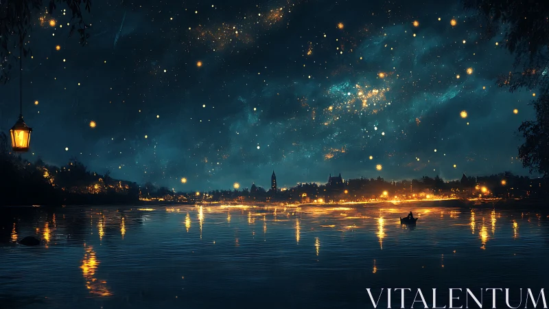 Starlit river city glows beneath an enchanted midnight sky