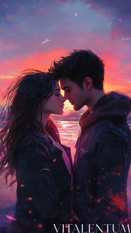 Two figures positioned against luminous sunset gradient backdrop.