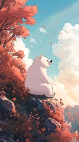 White bear on cliff amid red autumn trees and sky.