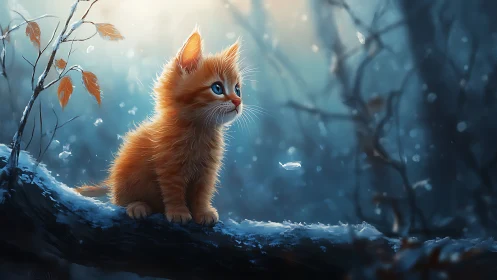 Ginger kitten stands alone in a magical winter forest setting.