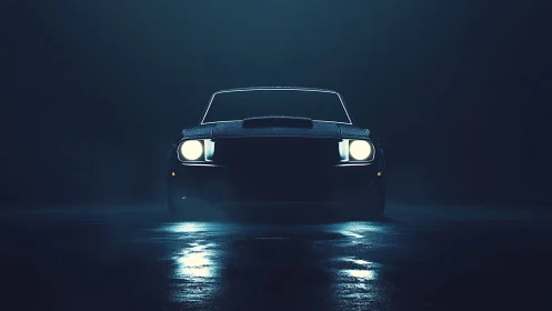 Nocturnal muscle car frontal silhouette under cinematic backlight.