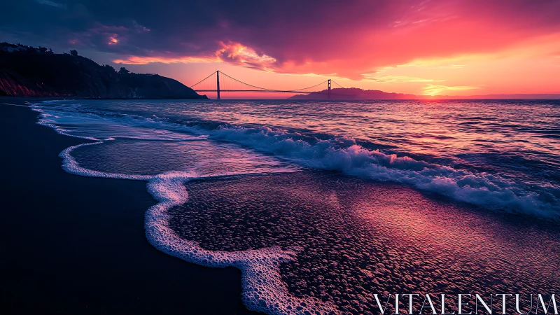 Sunset shoreline with distant suspension bridge view.
