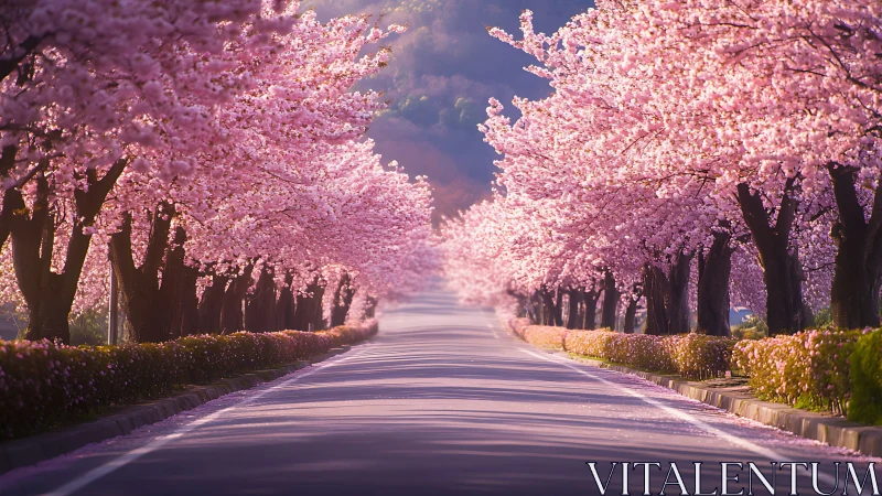 Cherry-lined roadway recedes under dense pink spring bloom