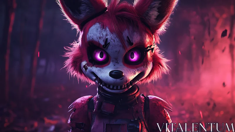 Glowing eyed animatronic fox in a neon dusk forest.
