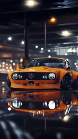 Orange lowered race car sits on wet asphalt at night