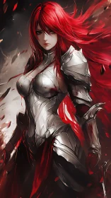 Crimson-haired armored warrior amid dynamic particulate vortex.