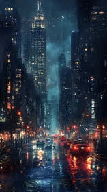 Rainy night city street glowing with reflections and life.