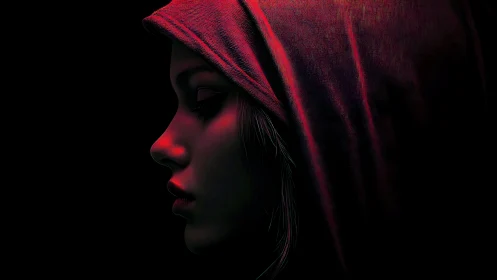 Quiet red-hooded profile glows gently against deep shadow