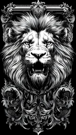 Regal lion portrait framed in swirling baroque detail.