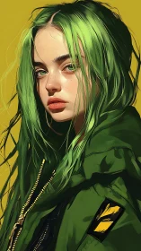 Green-haired girl gazes intensely in stylized portrait.