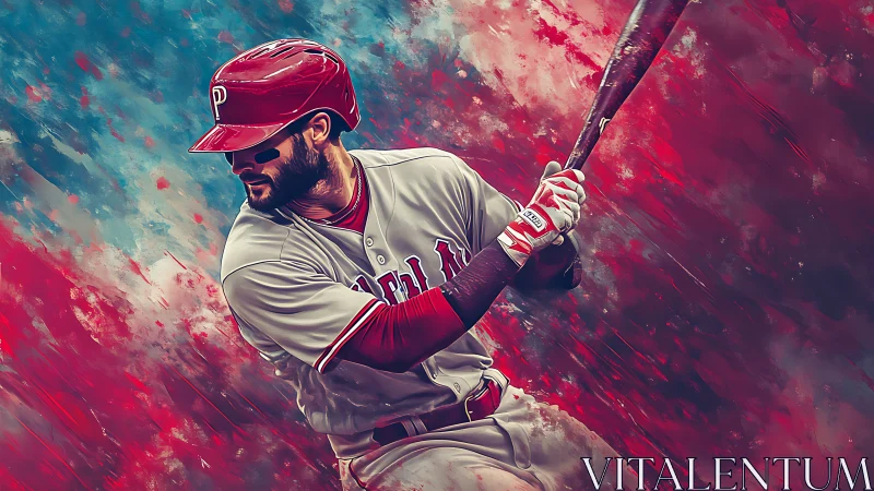 Dynamic baseball batter in red uniform digital artwork.